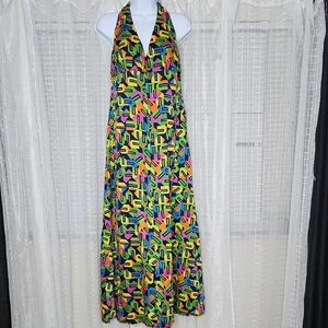 Vintage 60's 70's Handmade Multicolor Geometric Halter Maxi Party Dress SzM